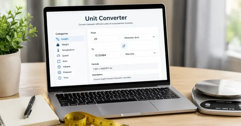 Online unit converter tool interface for length, weight, temperature, speed, and area conversion
