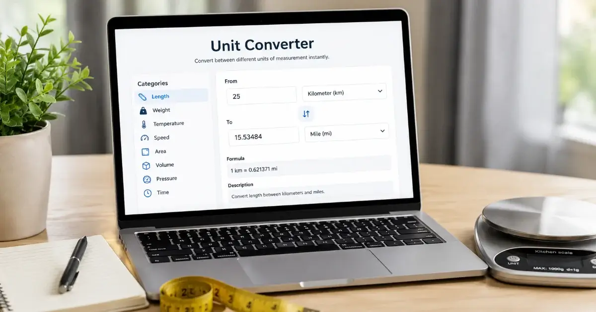 Online unit converter tool interface for length, weight, temperature, speed, and area conversion